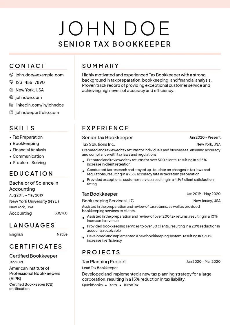 Tax Bookkeeper resume example