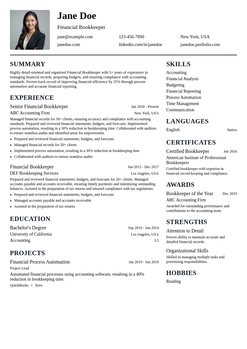 Financial Bookkeeper resume example