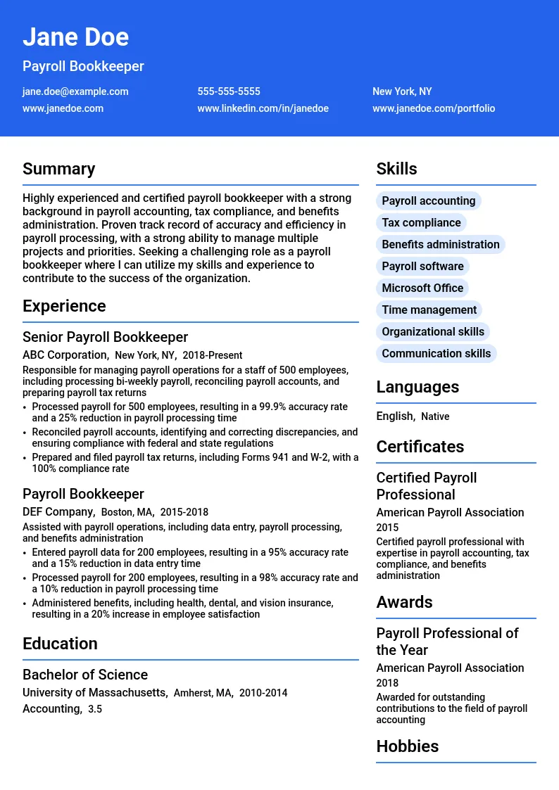 Payroll Bookkeeper resume example