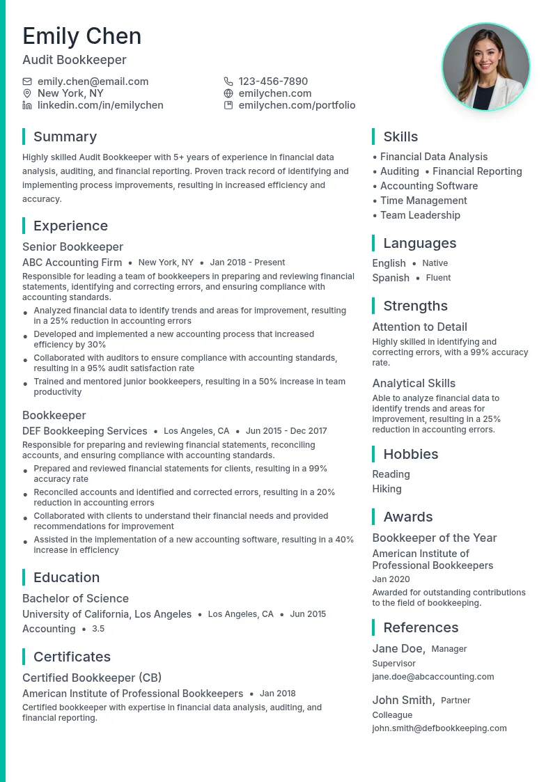 Audit Bookkeeper resume example