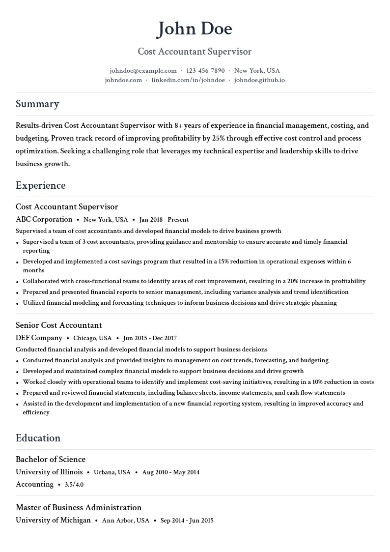 Cost Accountant Supervisor resume example