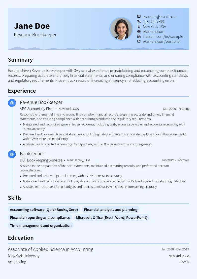 Revenue Bookkeeper resume example