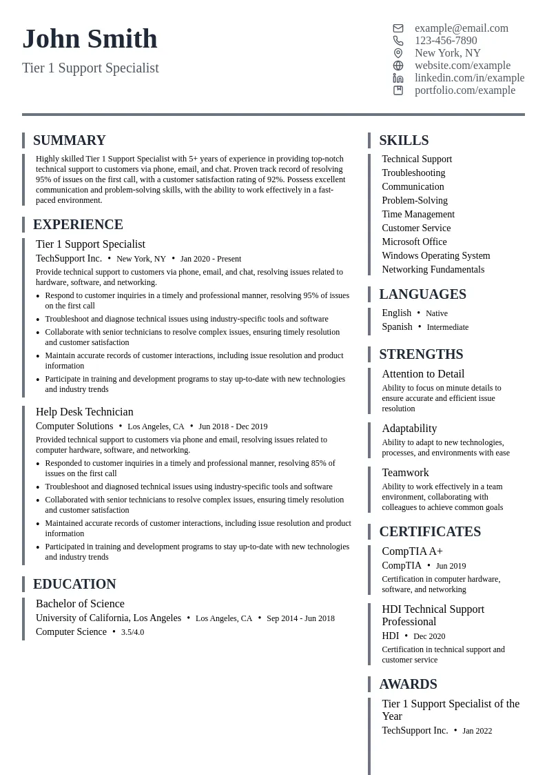 Tier 1 Support Specialist resume example