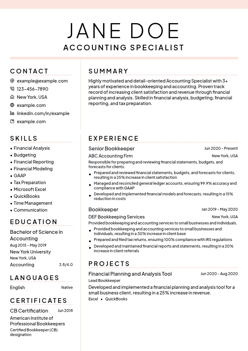 Accounting Specialist resume example