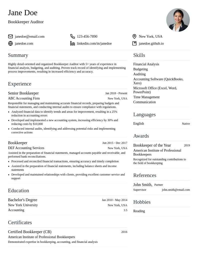 Bookkeeper Auditor resume example