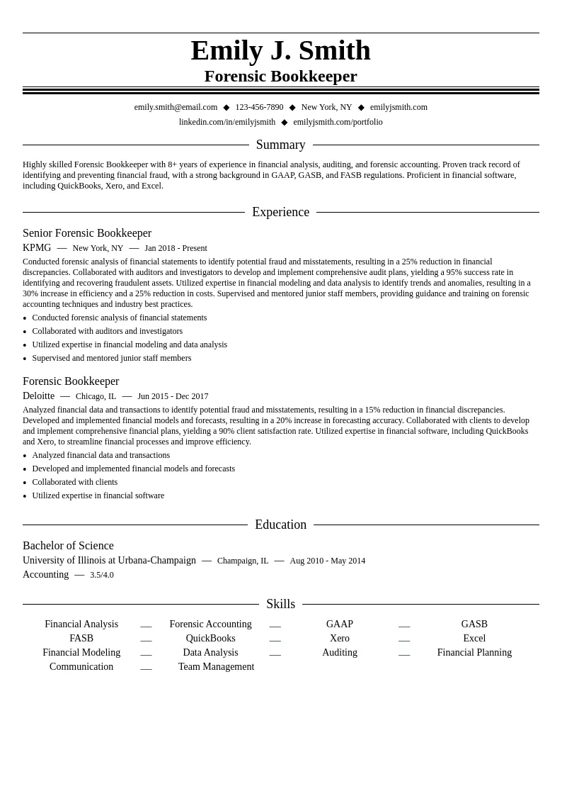 Forensic Bookkeeper resume example