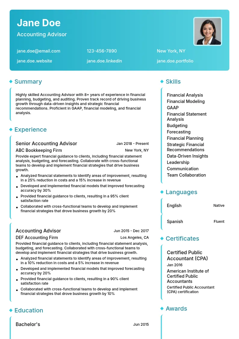 Accounting Advisor resume example