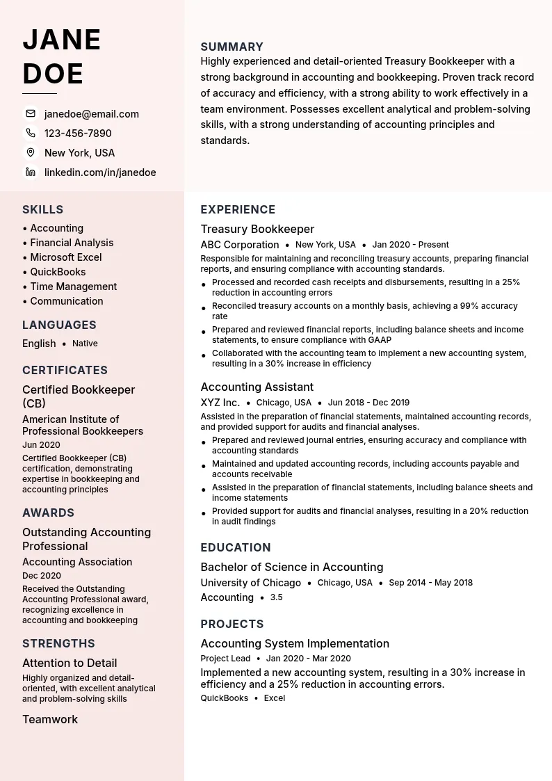 Treasury Bookkeeper resume example