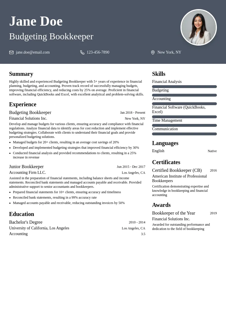 Budgeting Bookkeeper resume example