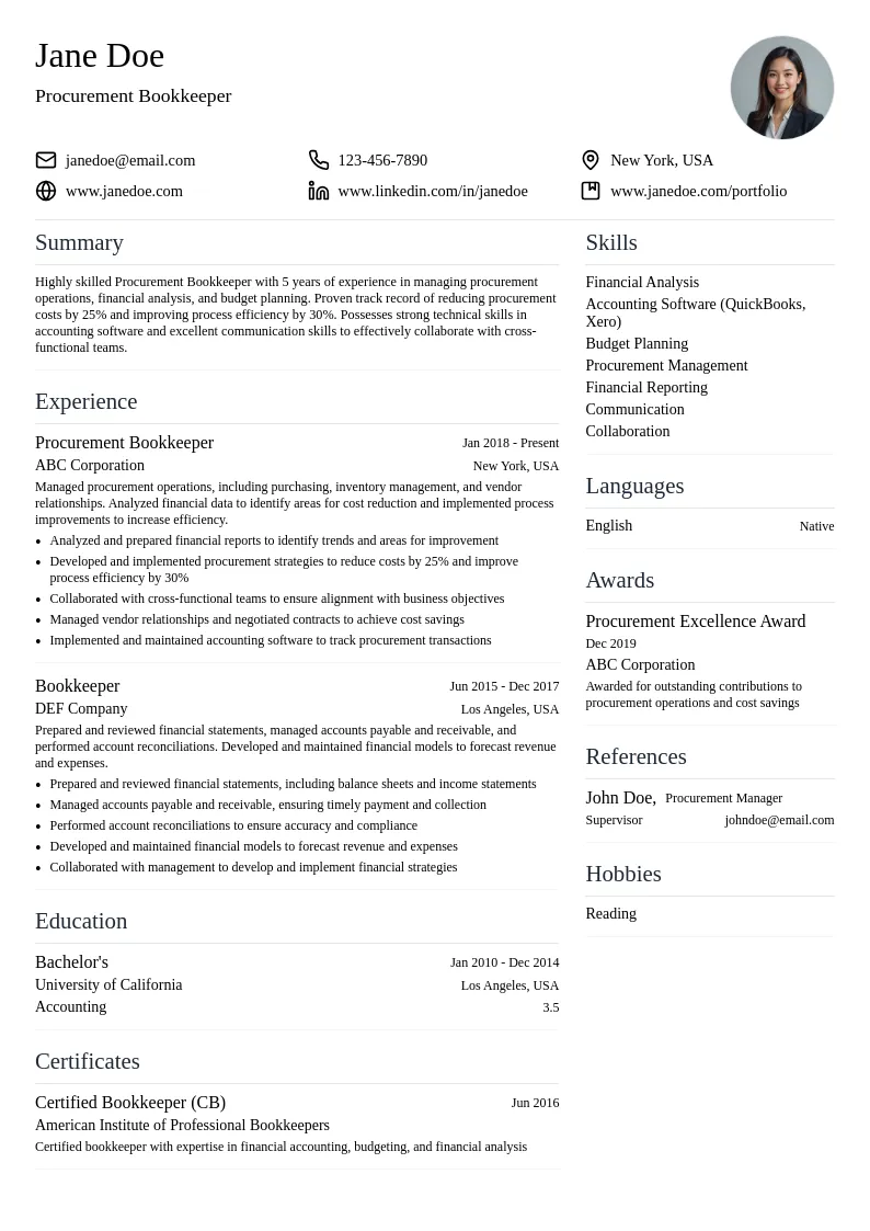 Procurement Bookkeeper resume example