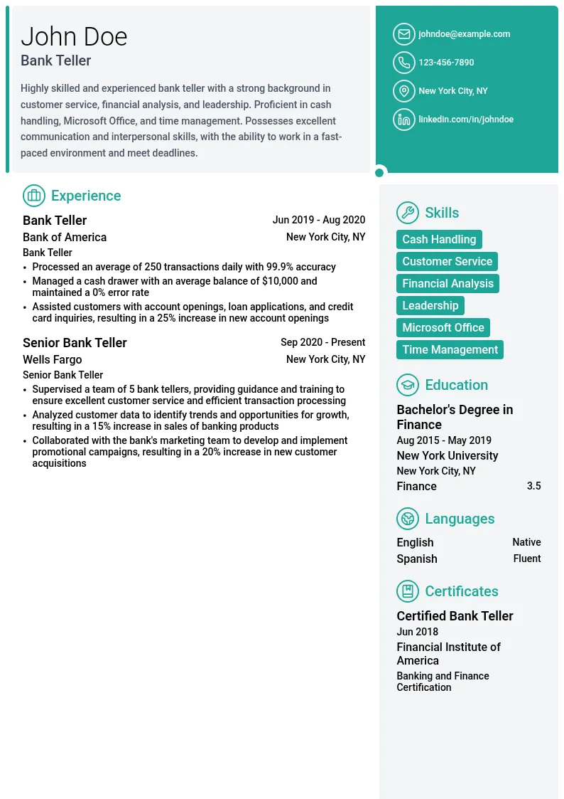 Bank Teller resume example