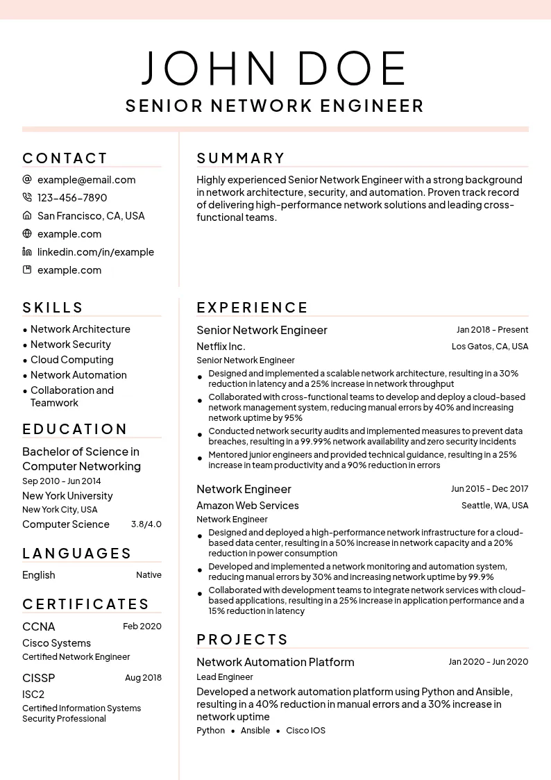 Senior Network Engineer resume example