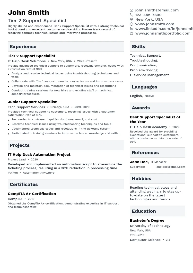 Tier 2 Support Specialist resume example