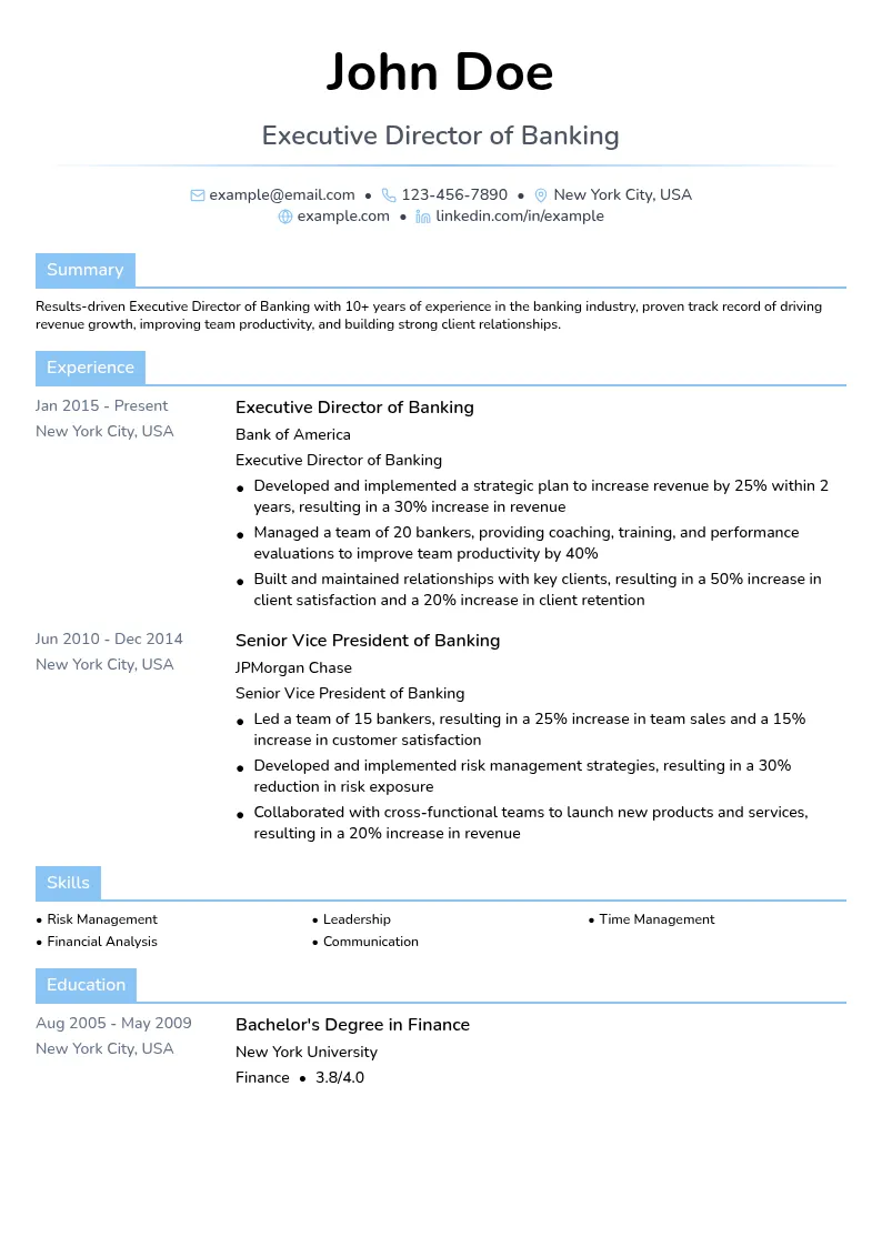 Executive Director of Banking resume example