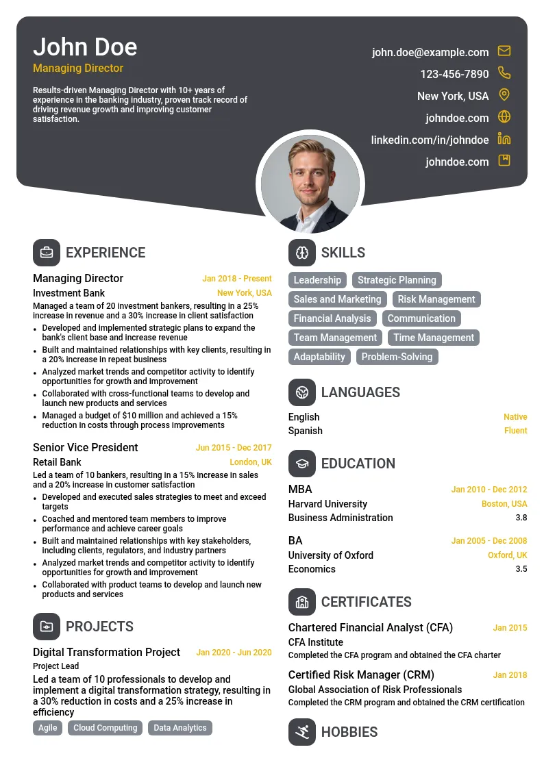 Managing Director of Banking resume example