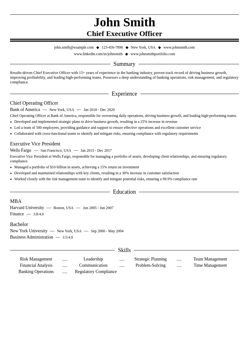 Chief Executive Officer of Banking resume example
