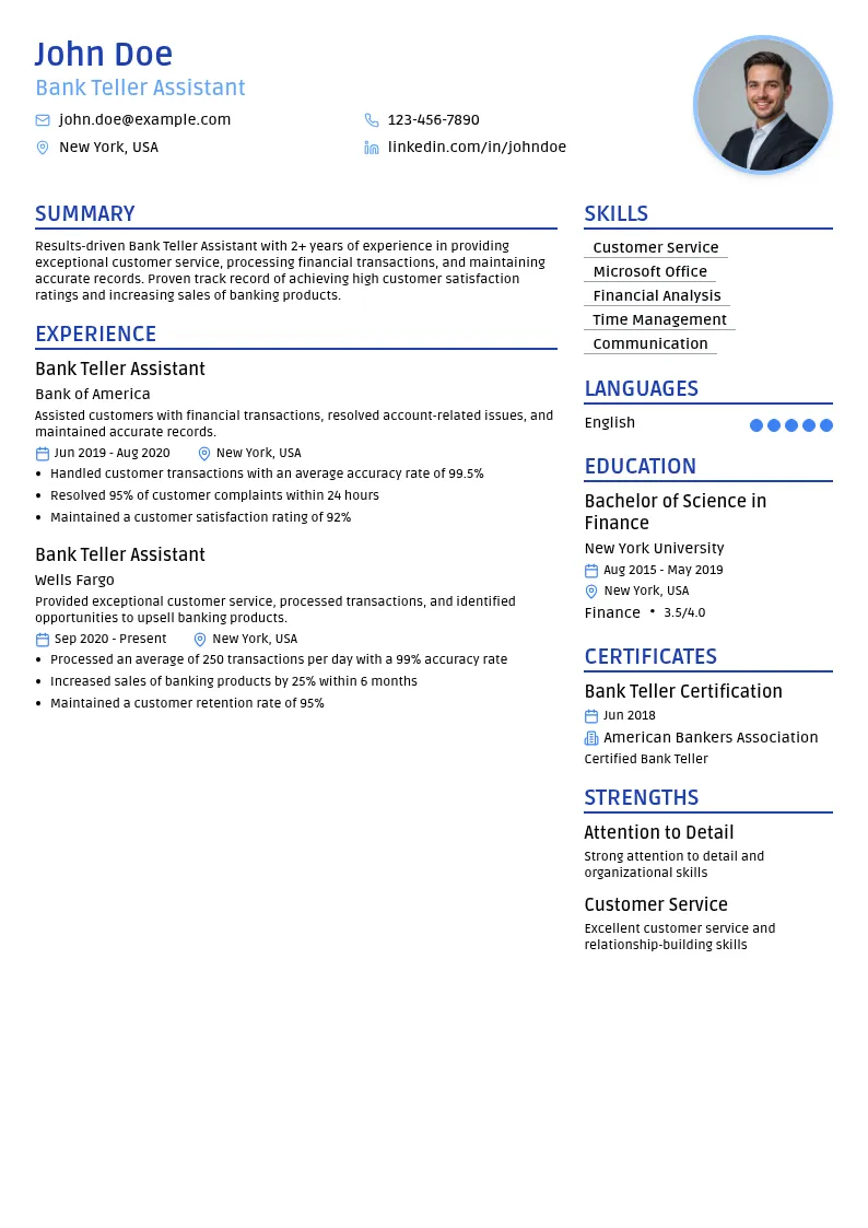 Bank Teller Assistant resume example
