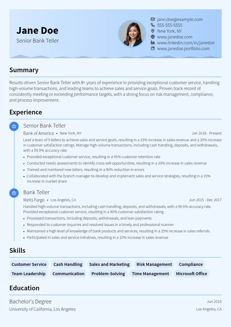 Senior Bank Teller resume example