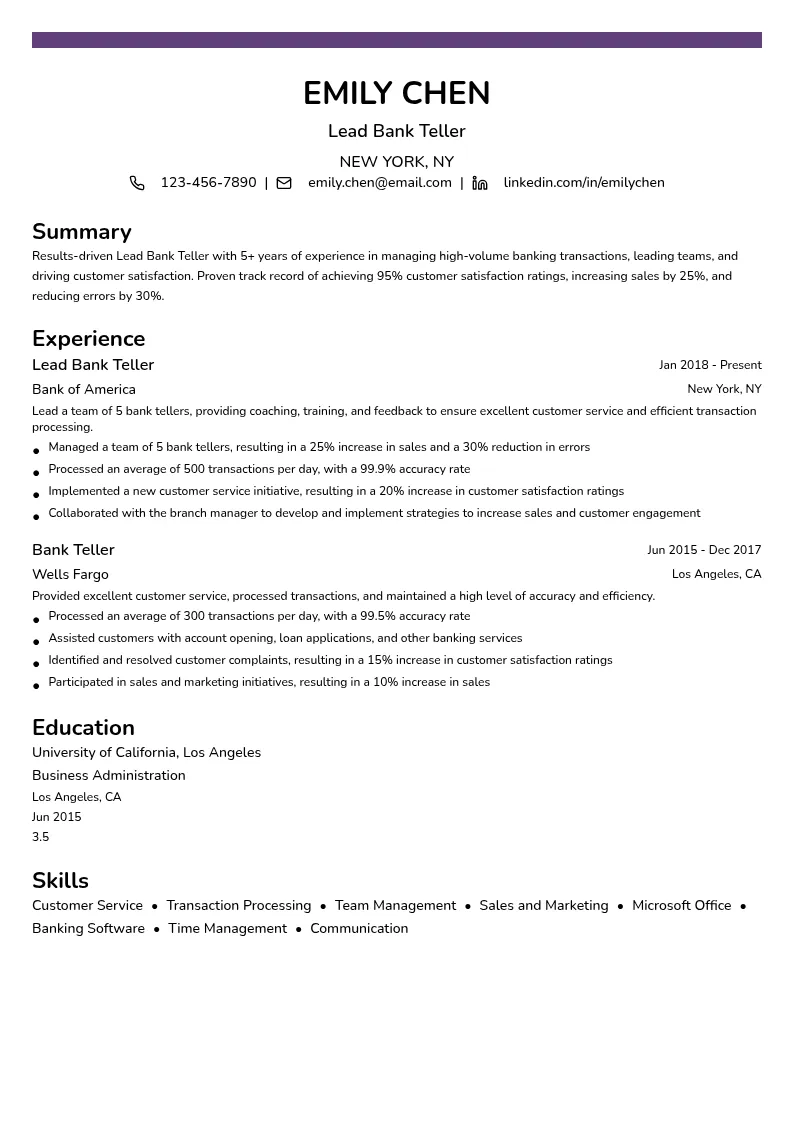 Lead Bank Teller resume example