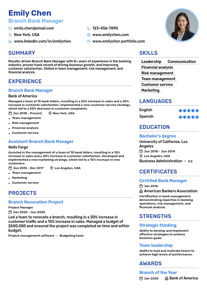 Branch Bank Manager resume example