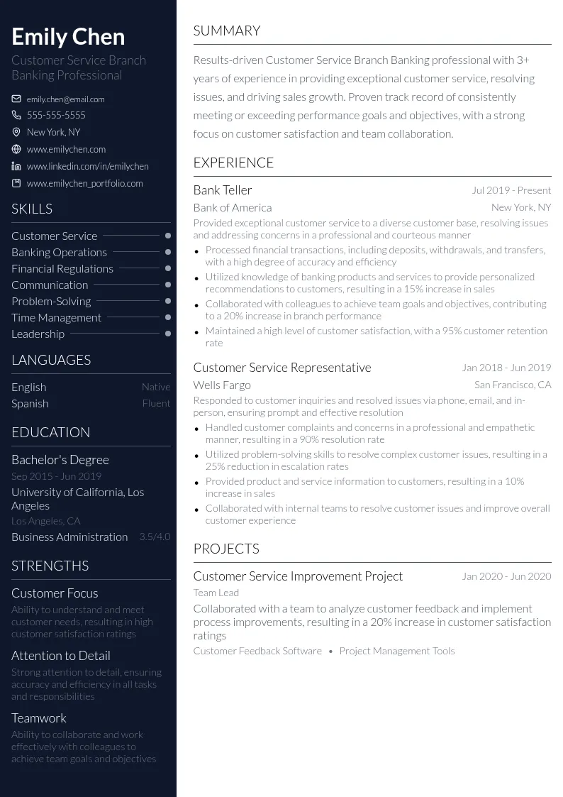 Customer Service Branch Banking resume example