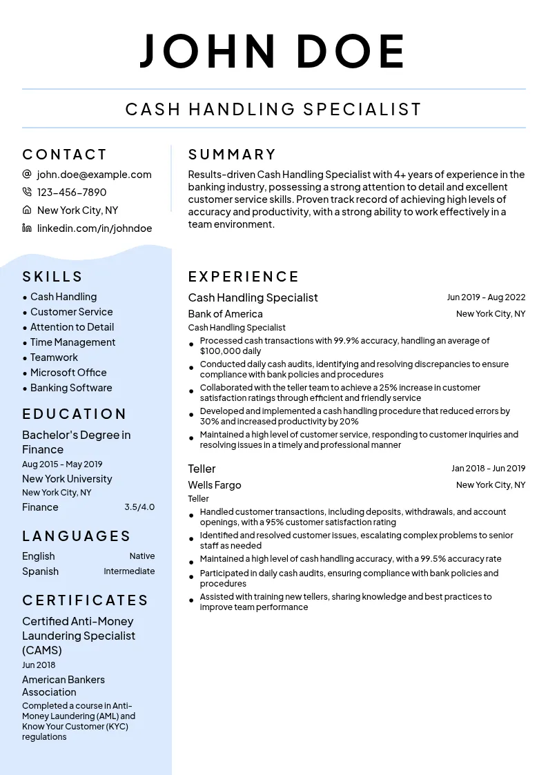 Cash Handling Specialist resume example