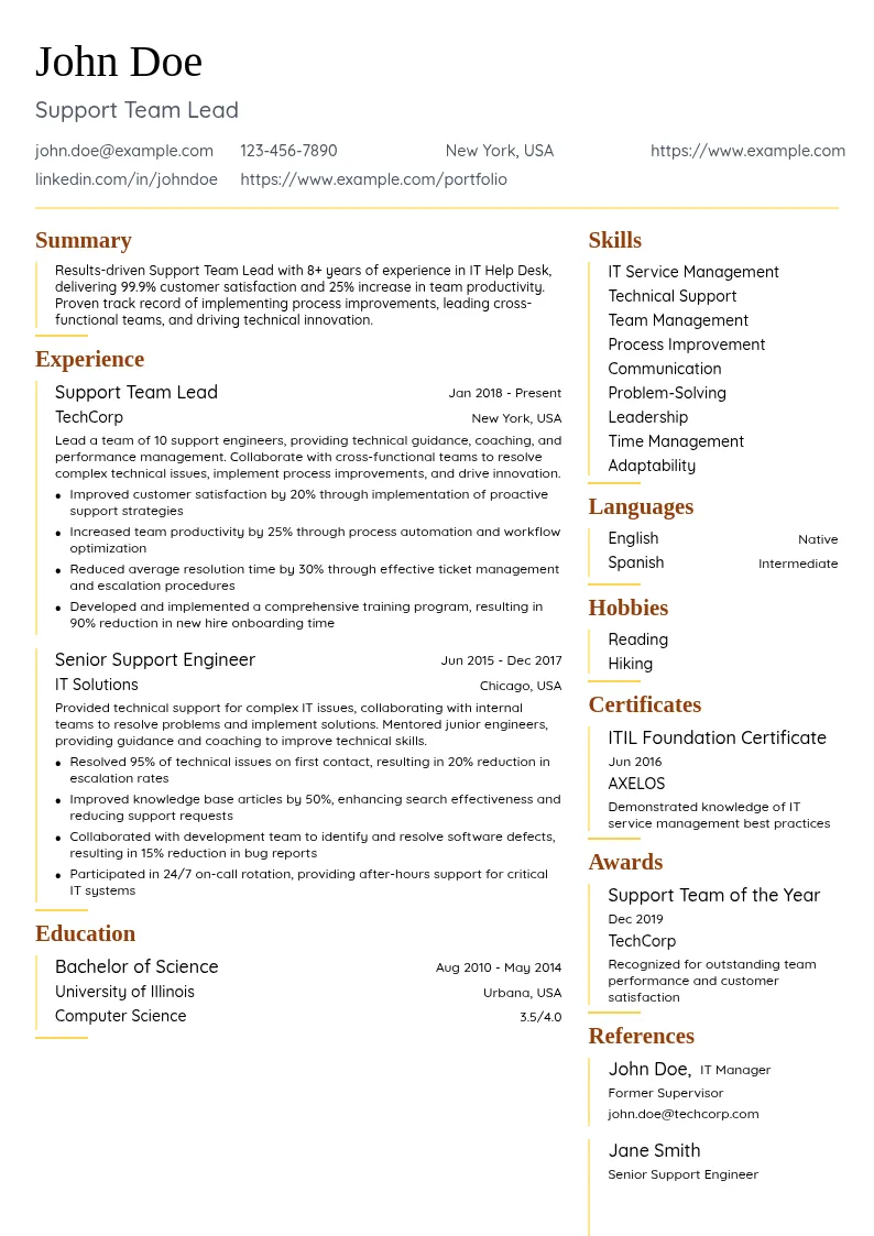 Support Team Lead resume example