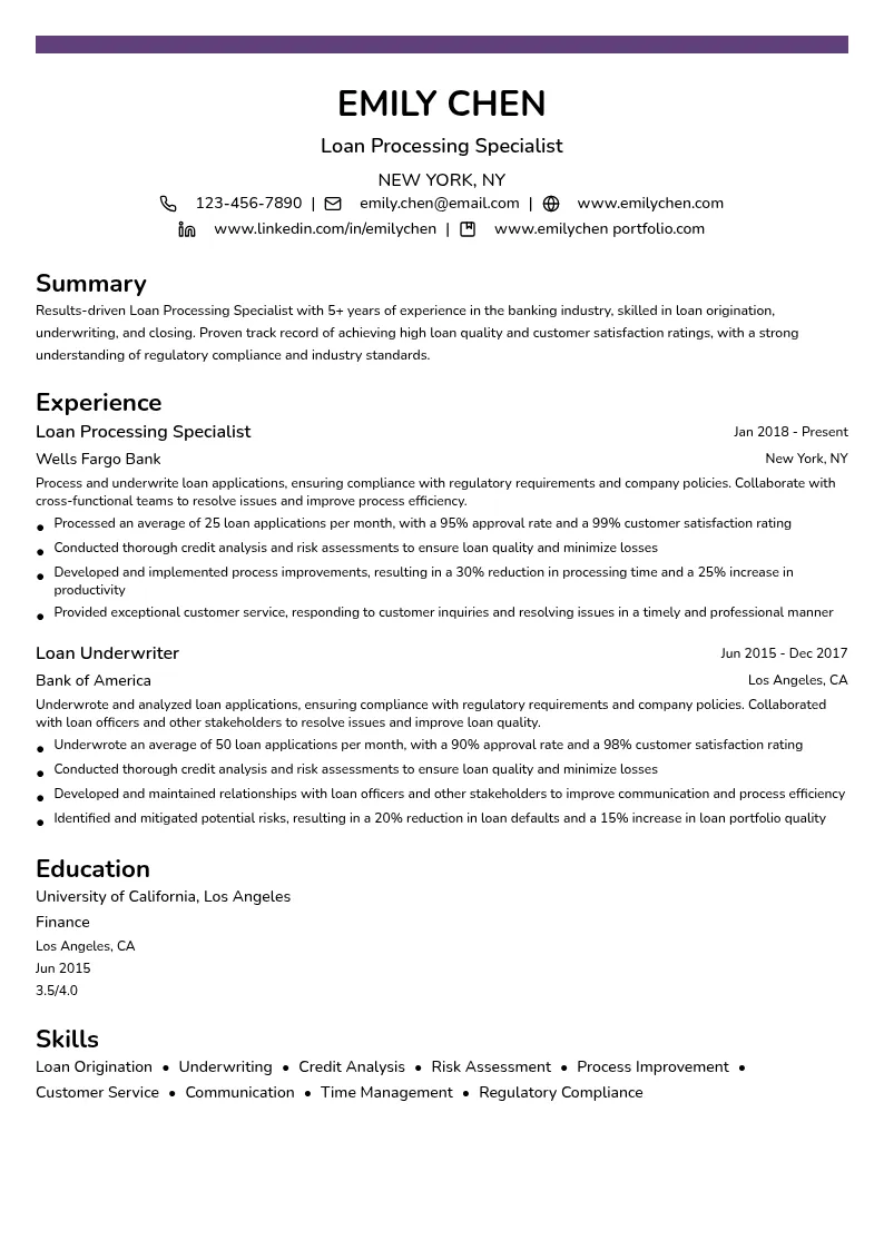 Loan Processing Specialist resume example