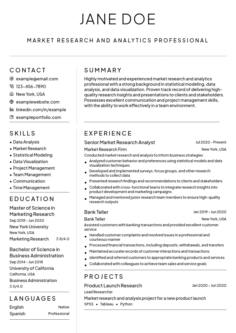 Market Research and Analytics resume example