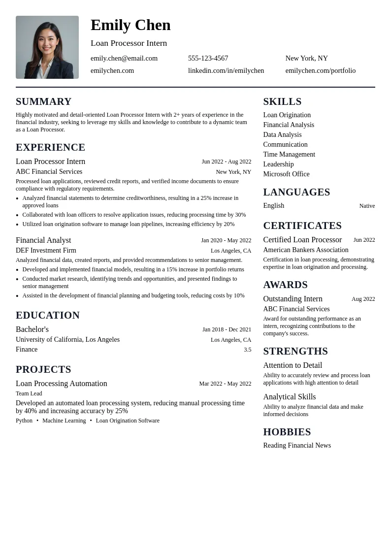 Loan Processor Intern resume example