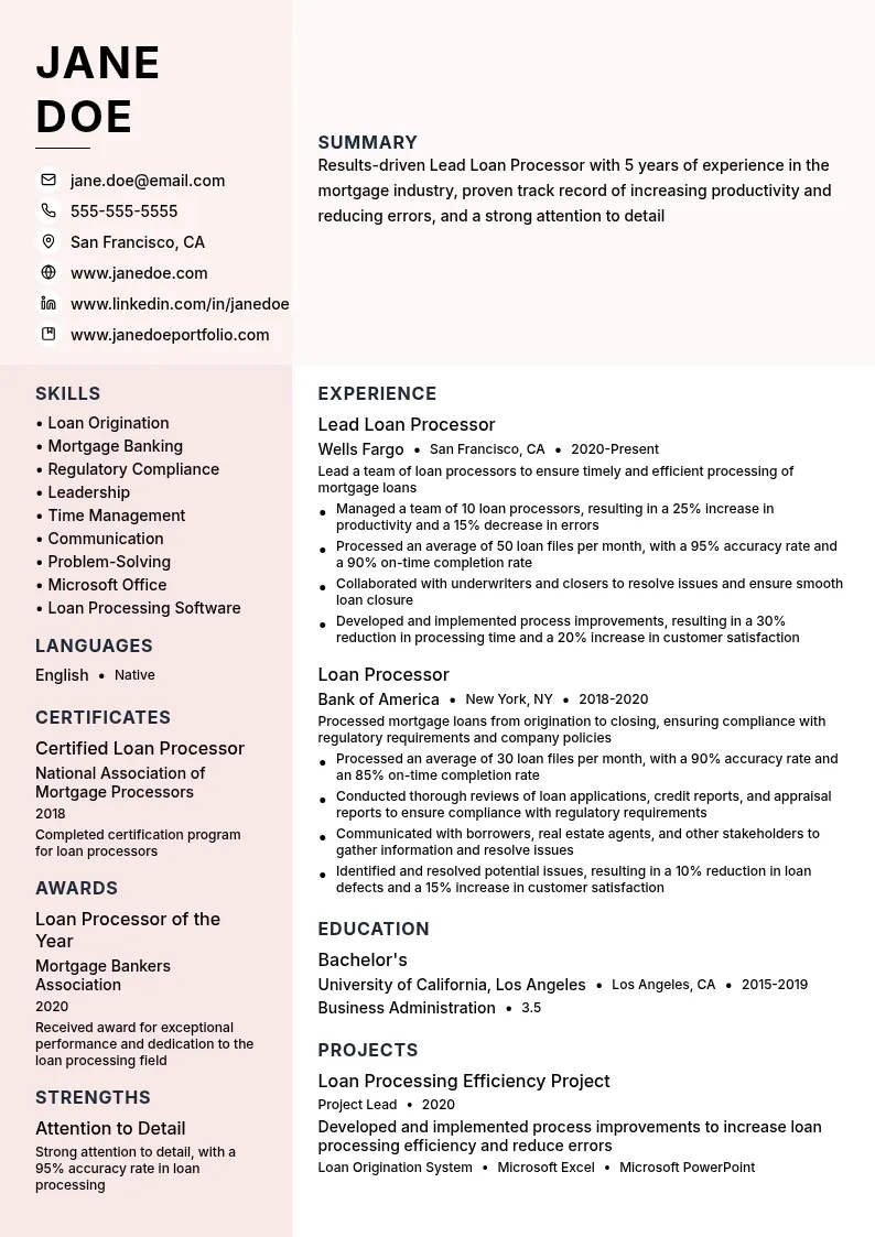 Lead Loan Processor resume example