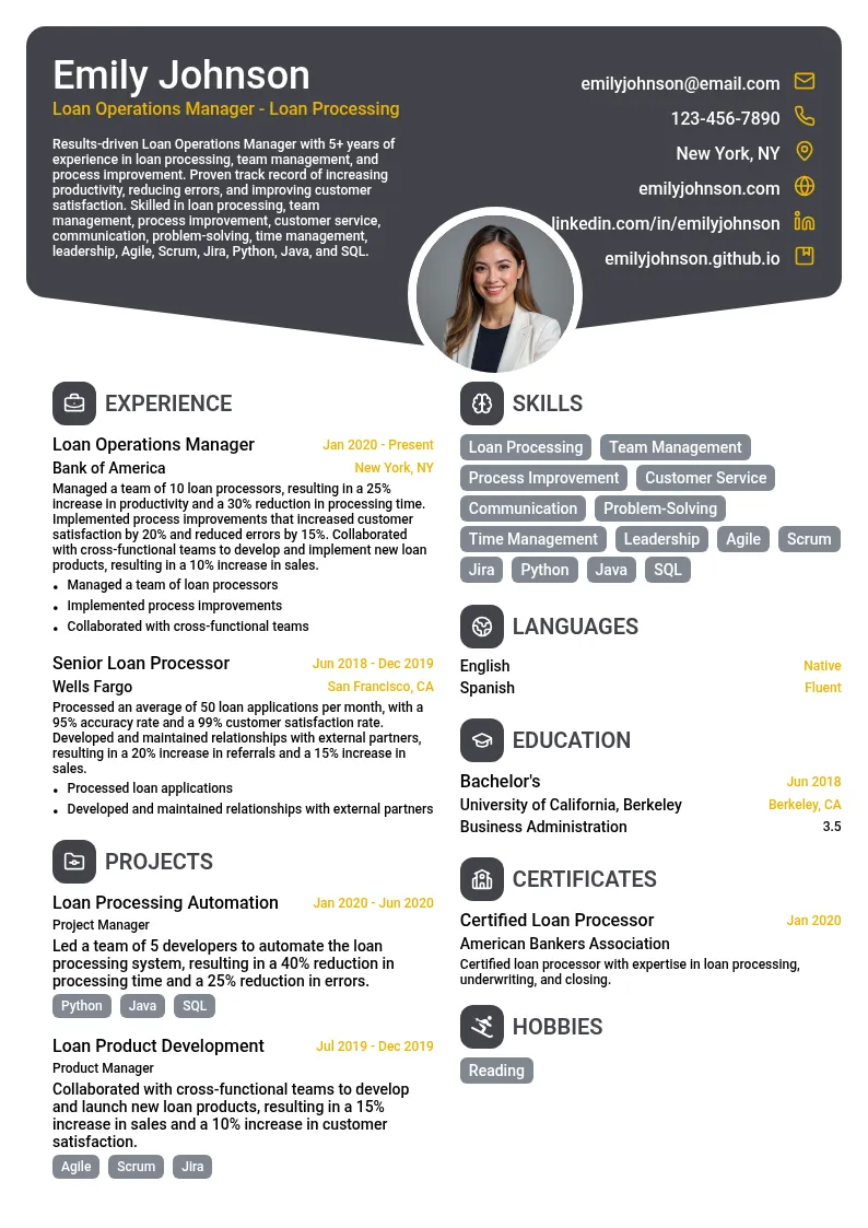 Loan Operations Manager - Loan Processing resume example