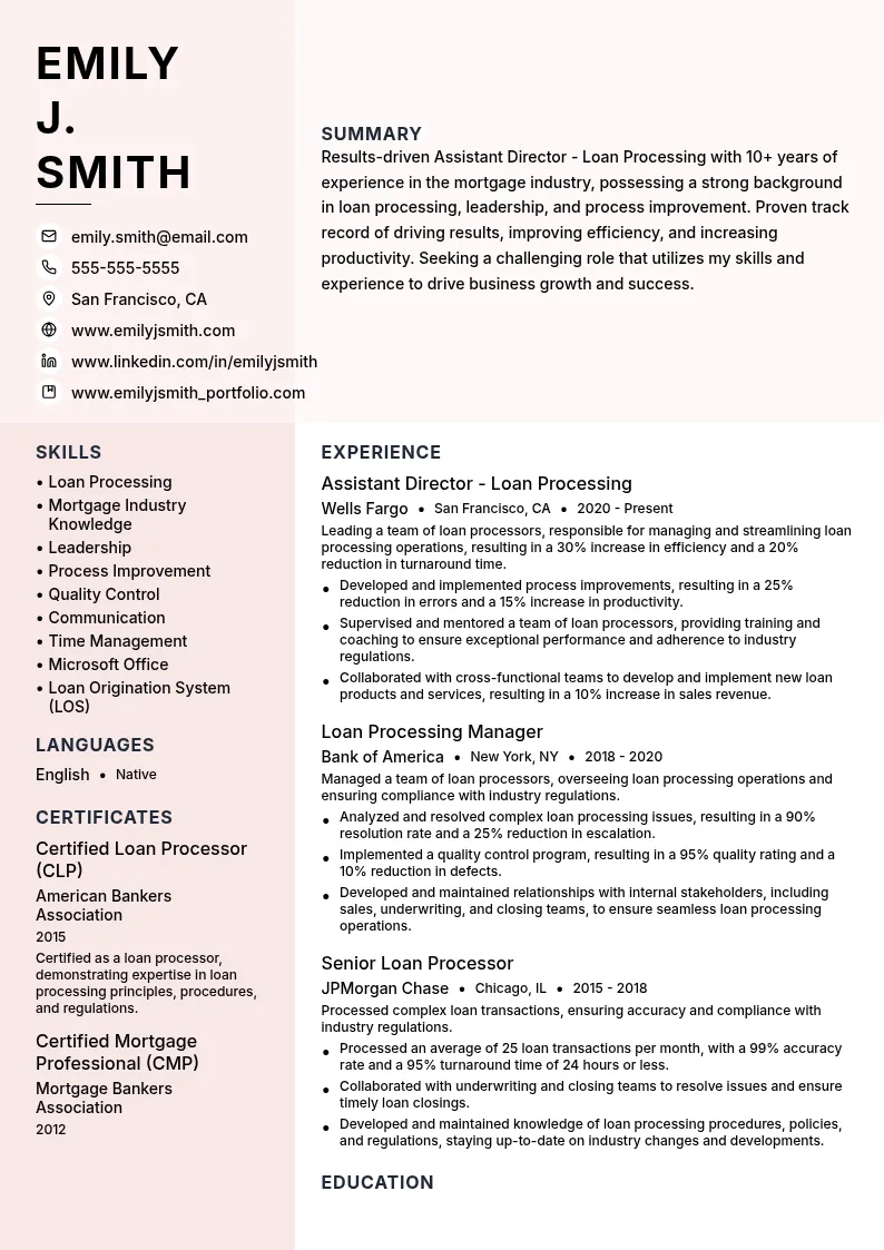 Assistant Director - Loan Processing resume example