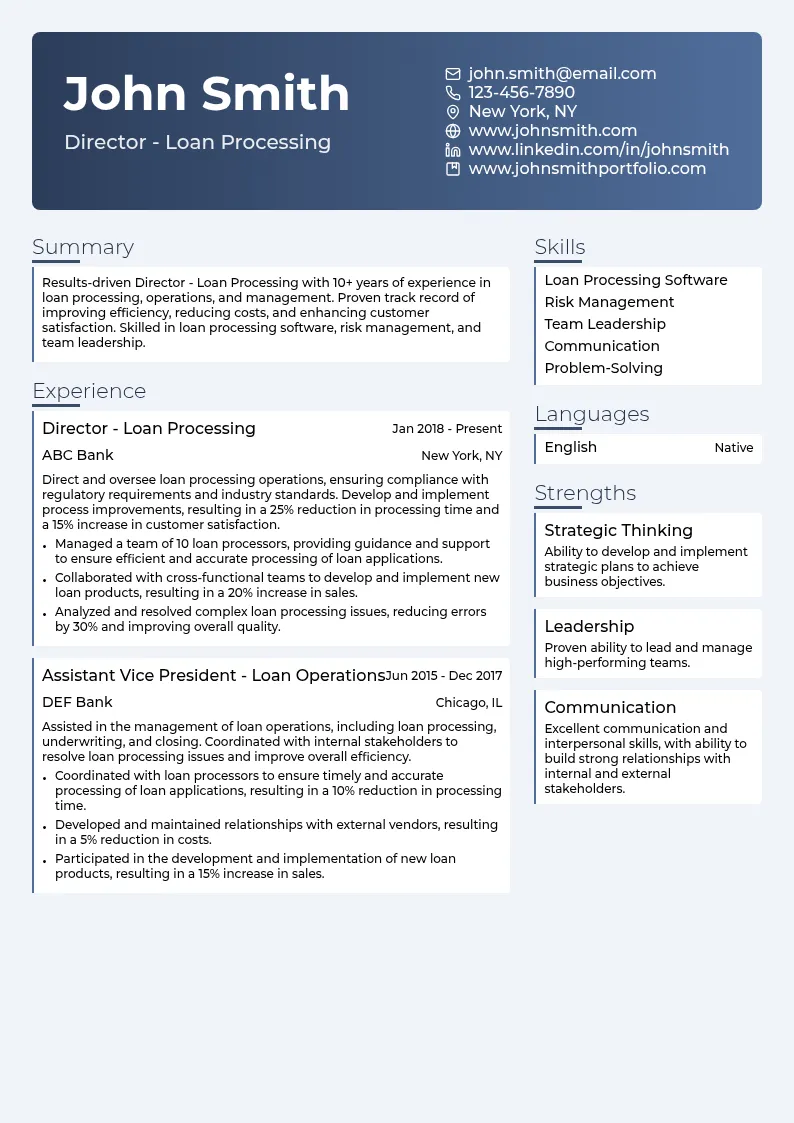 Director - Loan Processing resume example