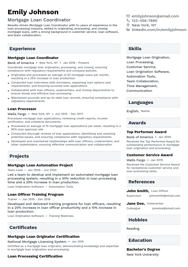 Mortgage Loan Coordinator resume example