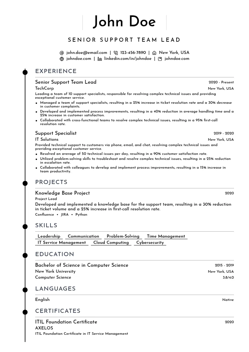 Senior Support Team Lead resume example
