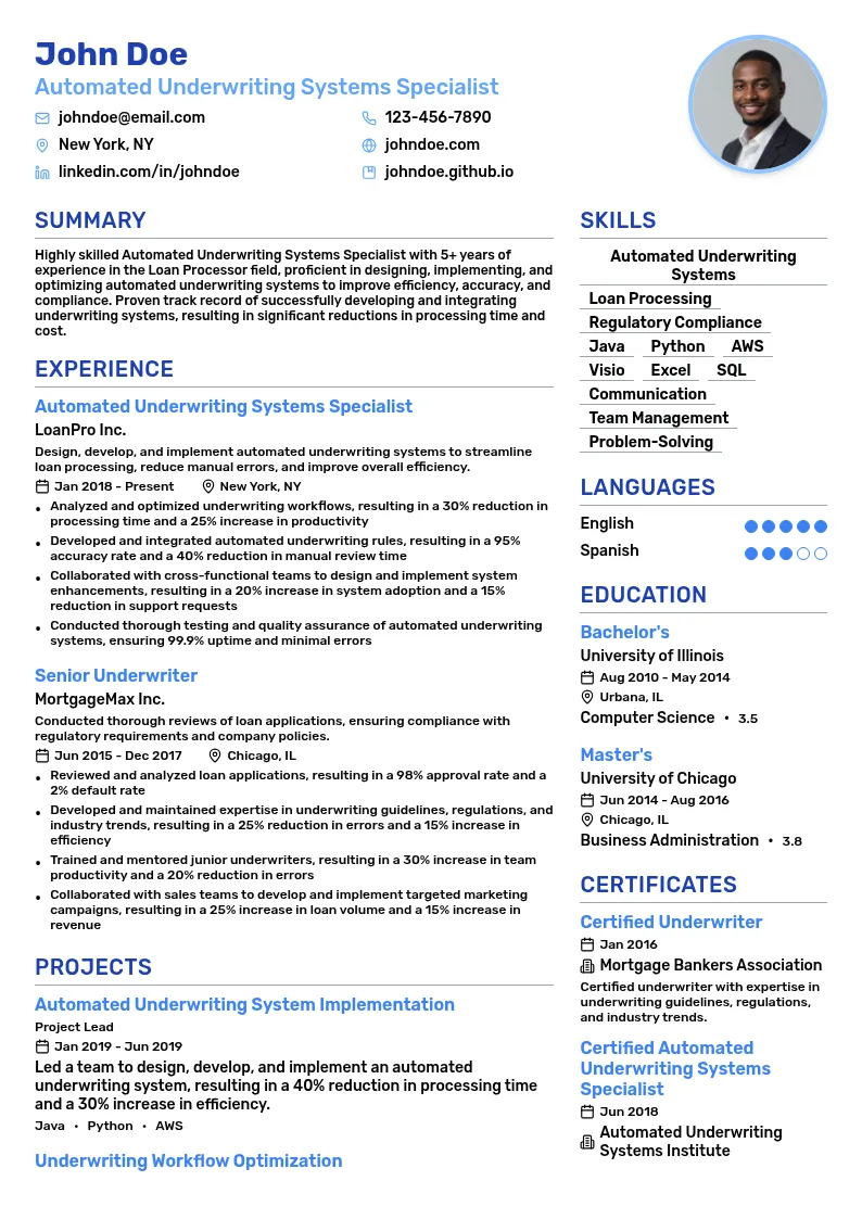 Automated Underwriting Systems Specialist resume example