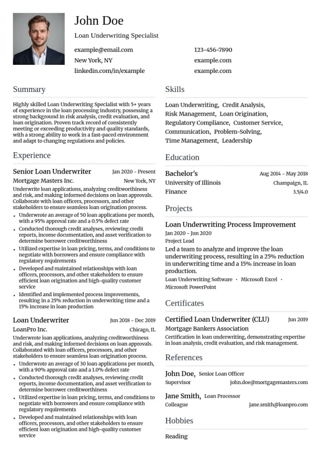 Loan Underwriting Specialist resume example