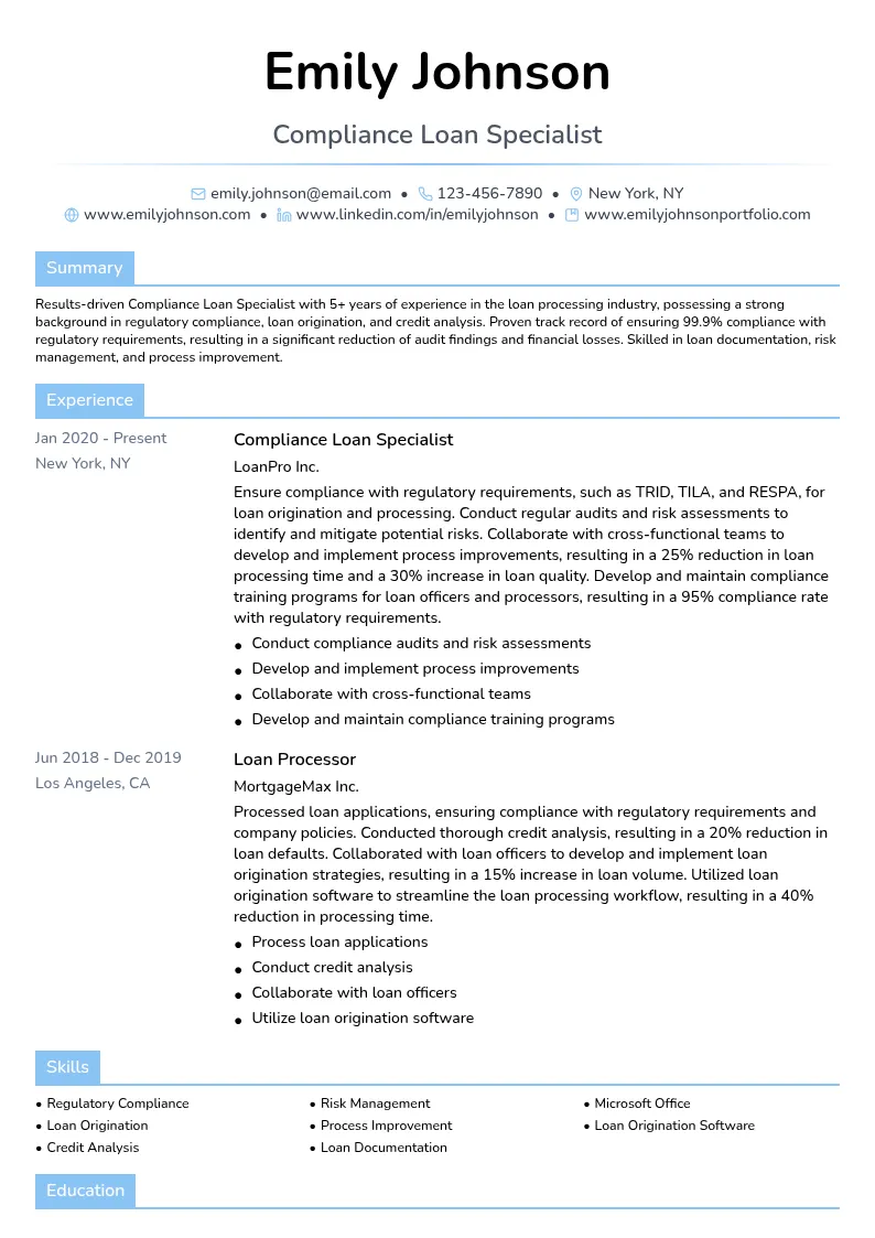 Compliance Loan Specialist resume example