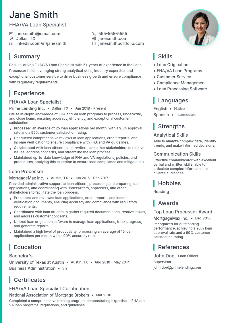 FHA/VA Loan Specialist resume example