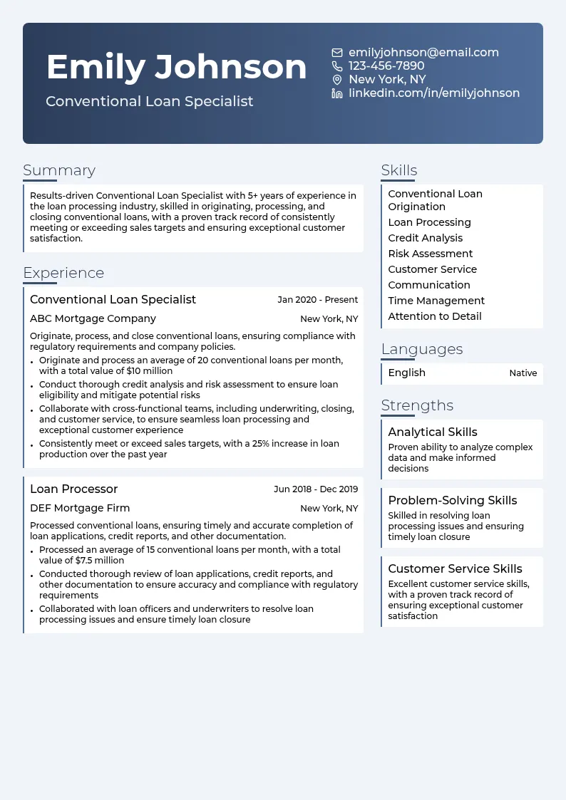 Conventional Loan Specialist resume example