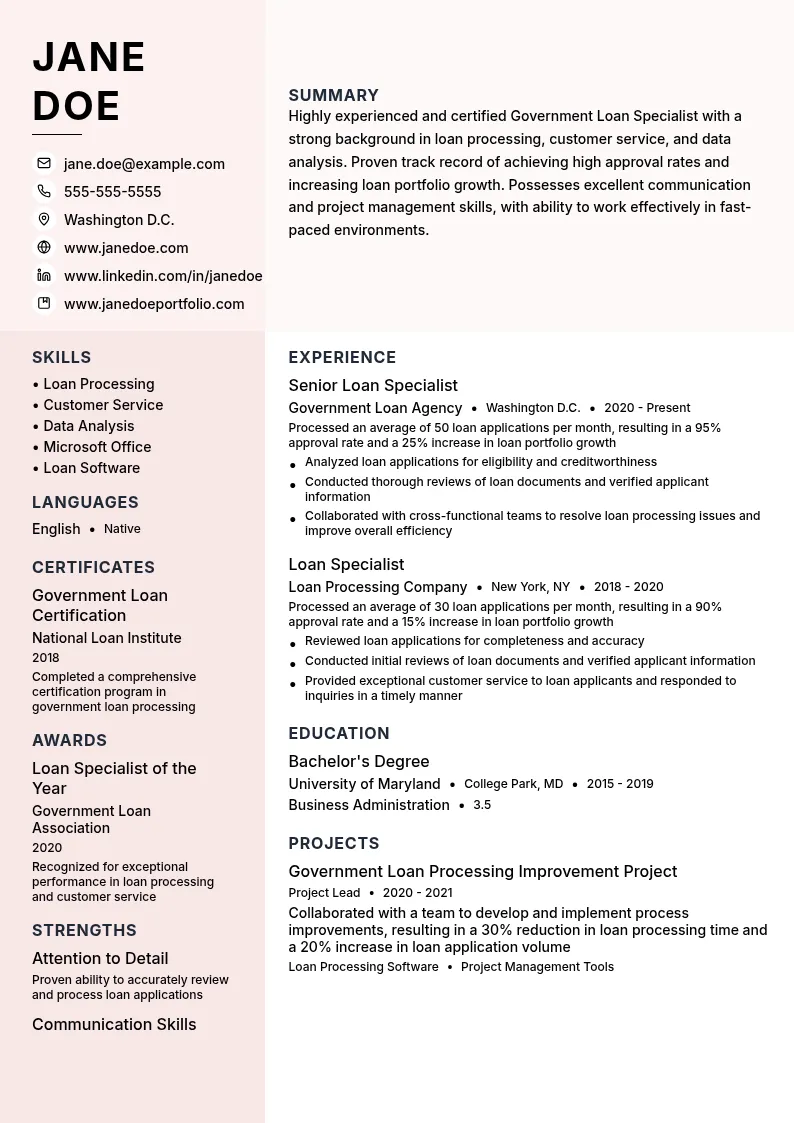 Government Loan Specialist resume example