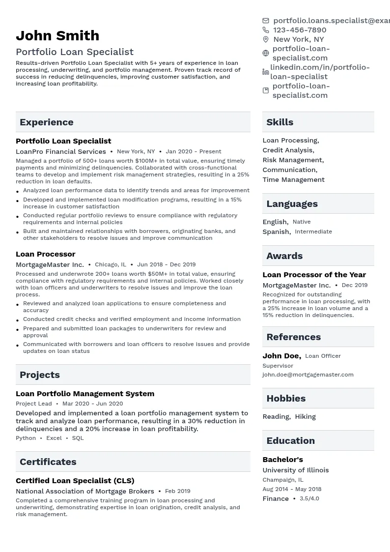 Portfolio Loan Specialist resume example