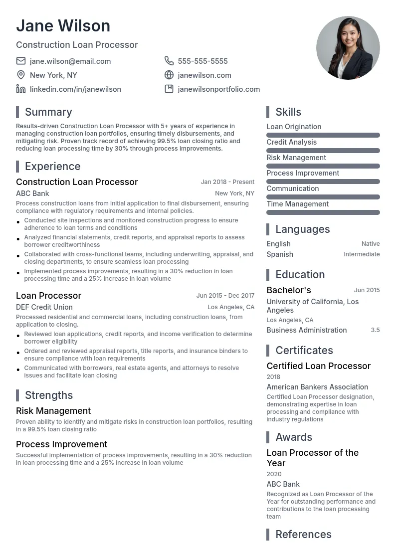 Construction Loan Processor resume example