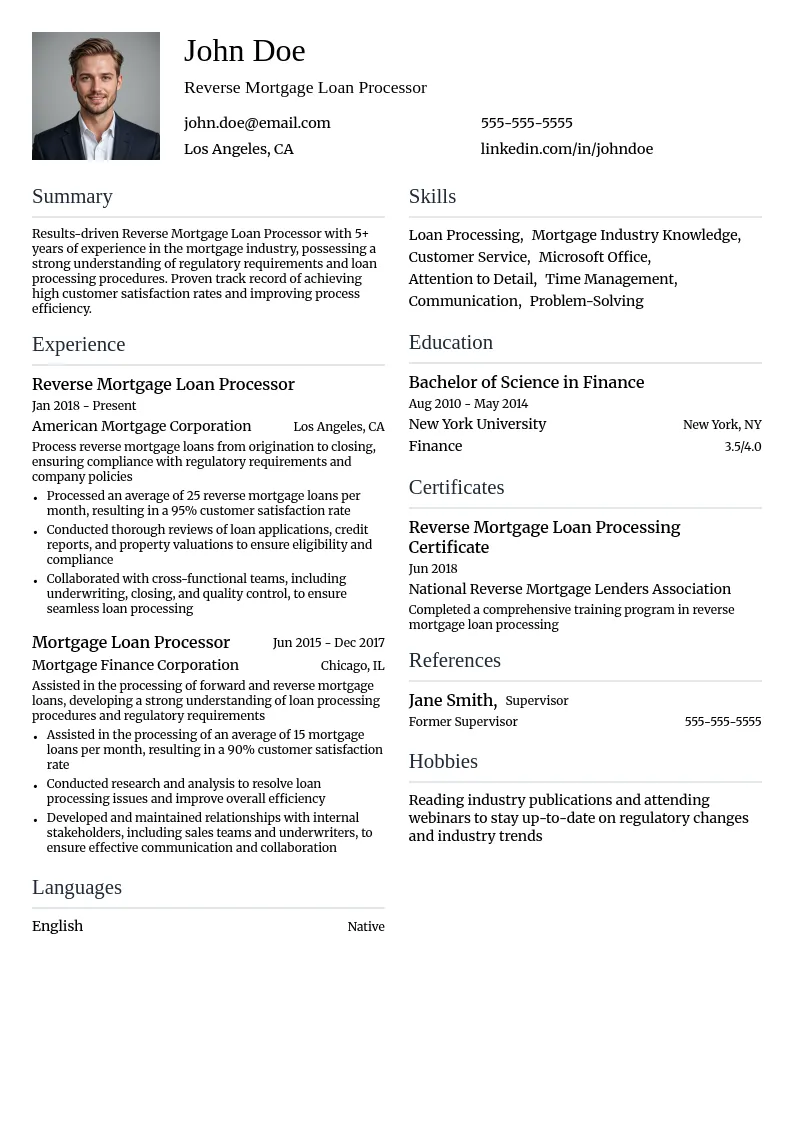 Reverse Mortgage Loan Processor resume example