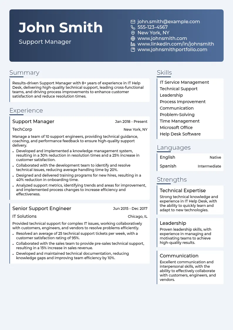Support Manager resume example