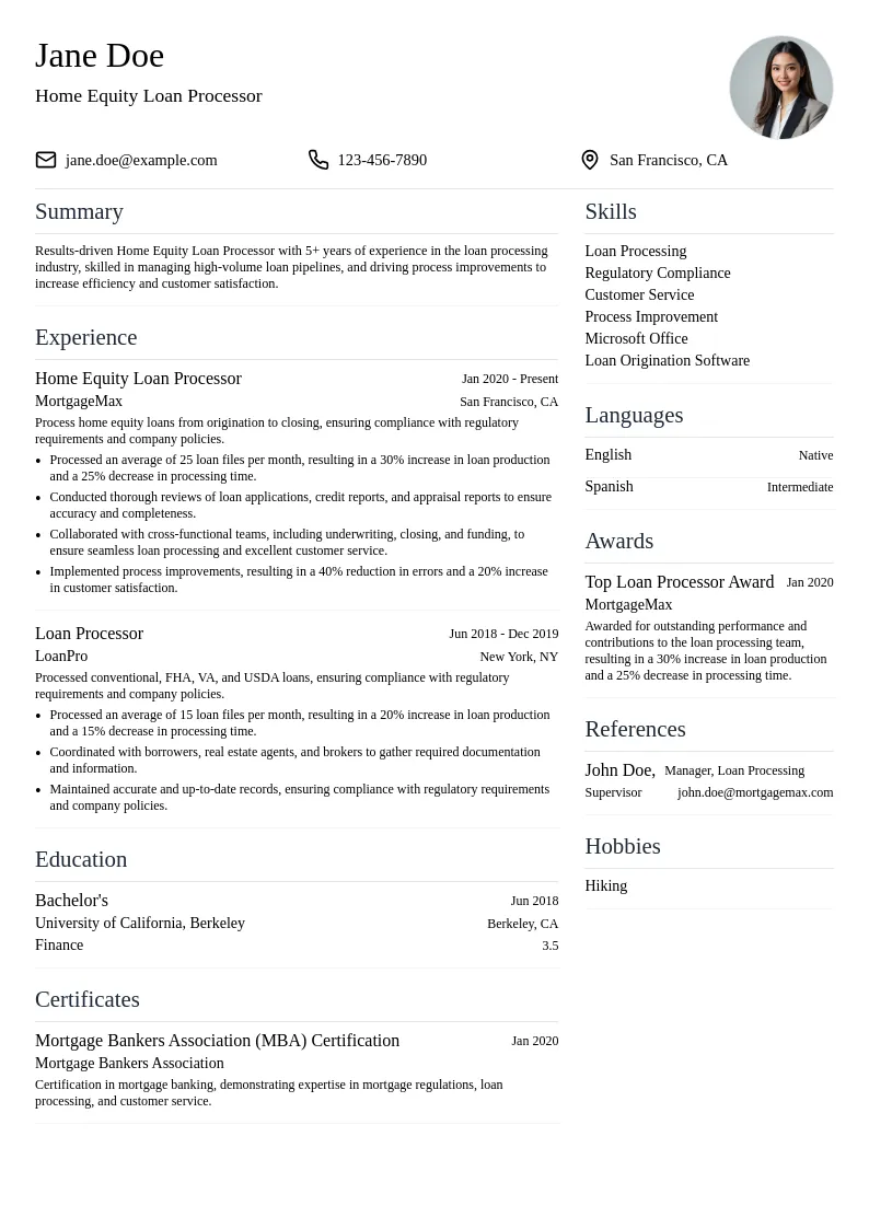 Home Equity Loan Processor resume example