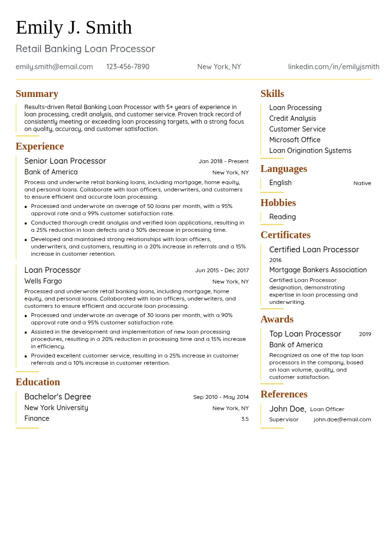 Retail Banking Loan Processor resume example