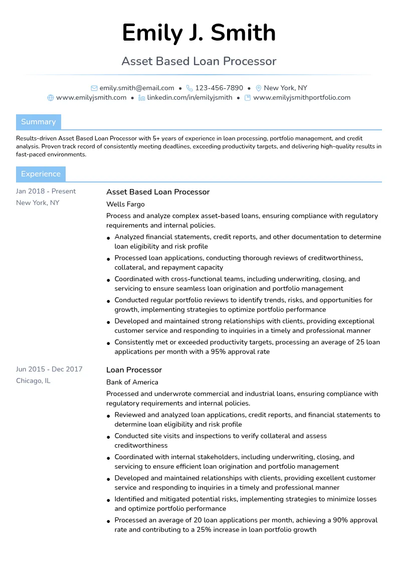 Asset Based Loan Processor resume example