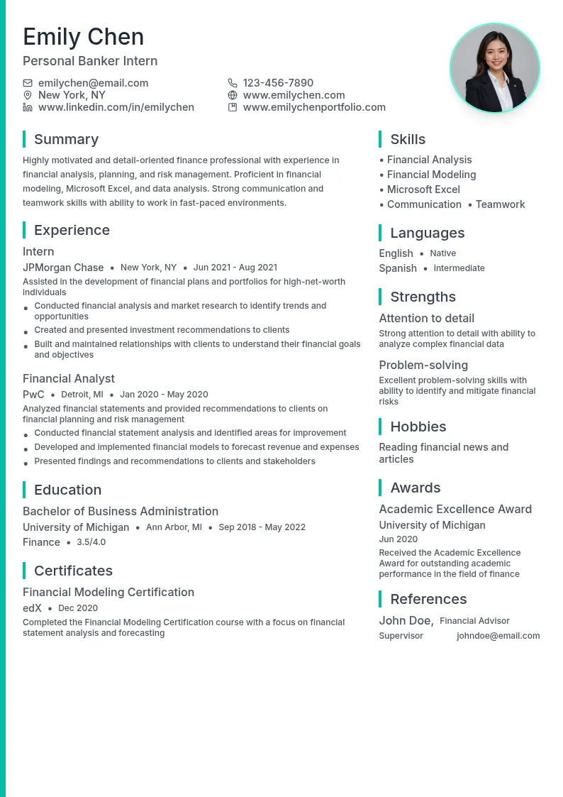 Personal Banker Intern resume example